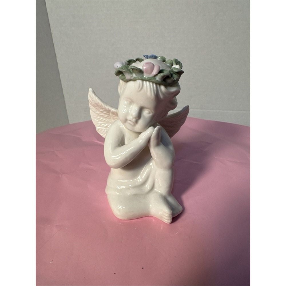 Ceramic Sitting White Angel Figurine With Flower Halo